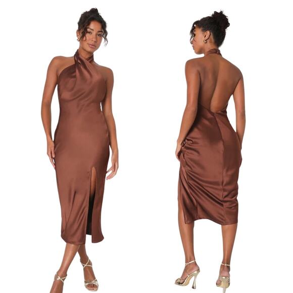 Lulus Satin Halter Midi Dress Brown Sz L NWT | Open Back Wedding Guest Gown - Picture 1 of 16